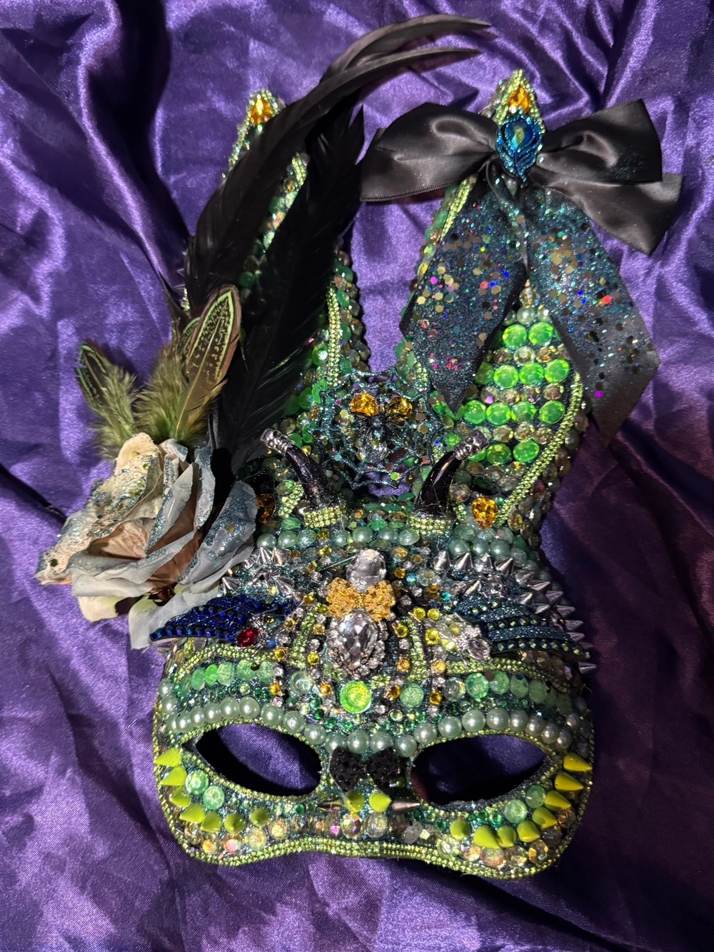 Green Jeweled Bunny Mask with Feathers